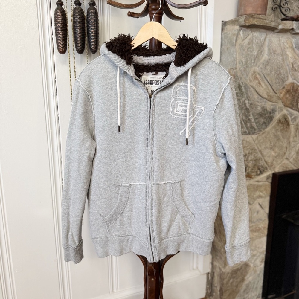 Y2K Aeropostale Thick Sherpa Lined Grey Hoodie Sweatshirt Jacket